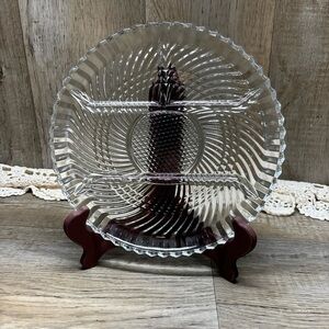 Vintage Relish Tray 10” Platter Indiana Glass Clear Ribbed 4 Part Divided